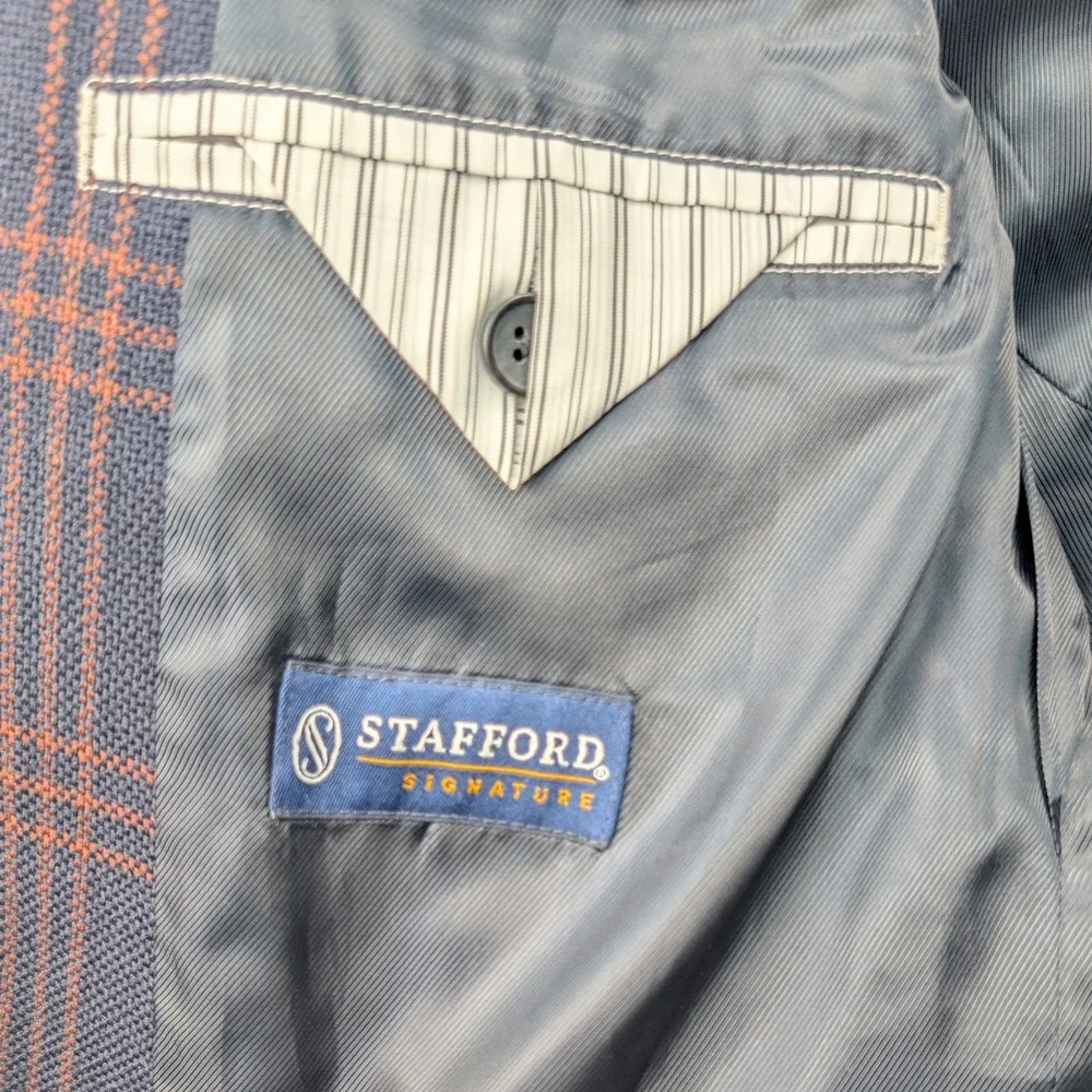 Stafford Blazer Men's 44R Navy Blue Rust Plaid Wool Slim Fit Business Windowpane